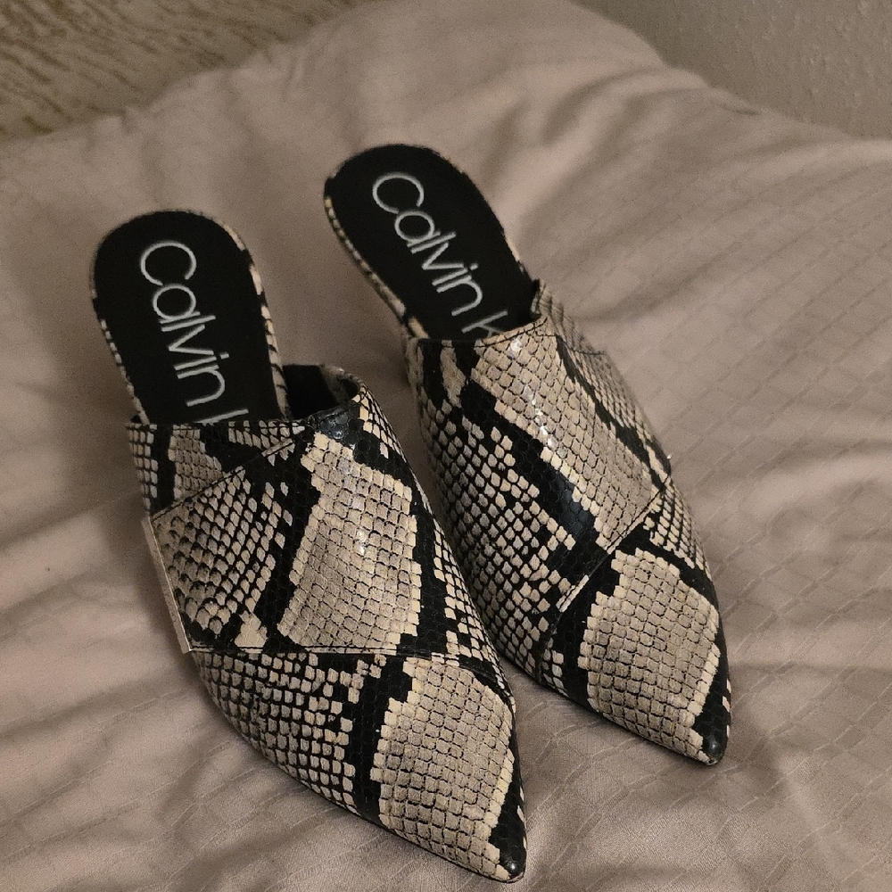 Calvin Klein Black and Cream Snakeskin Mules